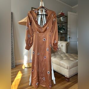 ASTR satin brown flower midi dress